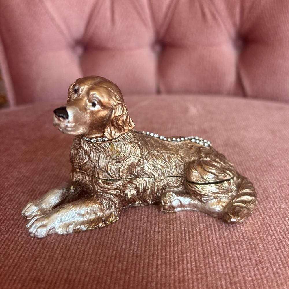 Vintage Style Golden Spaniel Dog Trinket Box | Rhinestone Collar |  Keepsake